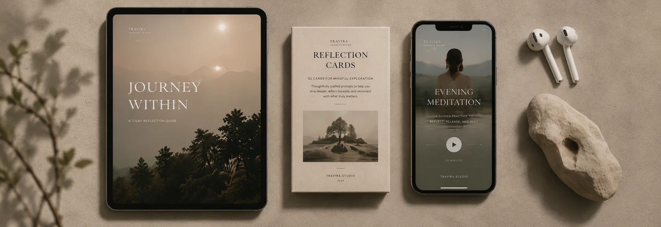 Digital products mockup — tablet showing Journey Within edition, phone with Evening Meditation audio player, AirPods and pebble designed by Travira Brand Studio