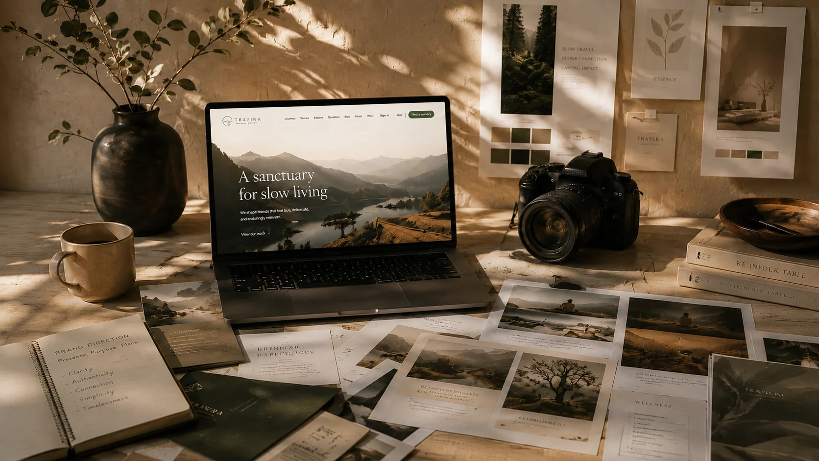 Travira Brand Studio editorial workspace — laptop, camera, print spreads and vase in soft afternoon light