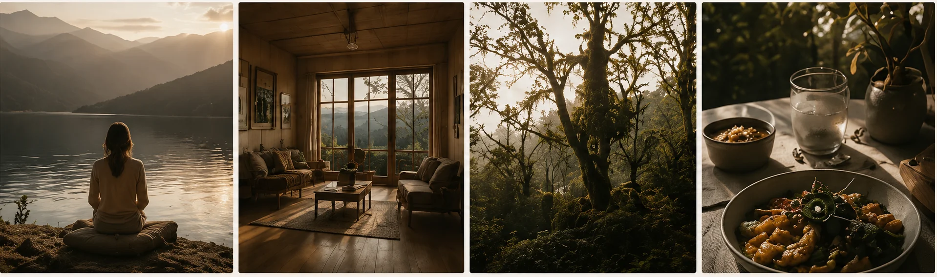 Editorial photography collage — meditation at sunrise lake, warm retreat interior, misty forest tree and slow food still life by Travira Brand Studio