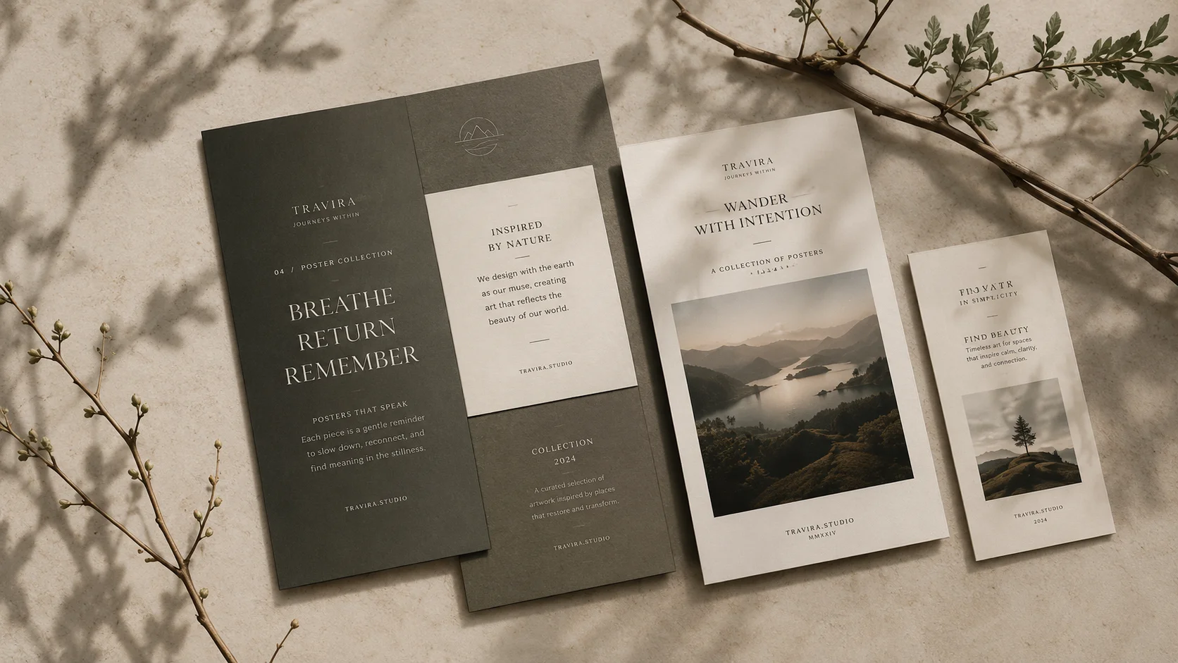 Travira print collateral — Breathe Return Remember poster, Wander With Intention booklet and editorial brochures on beige textured surface designed by Travira Brand Studio