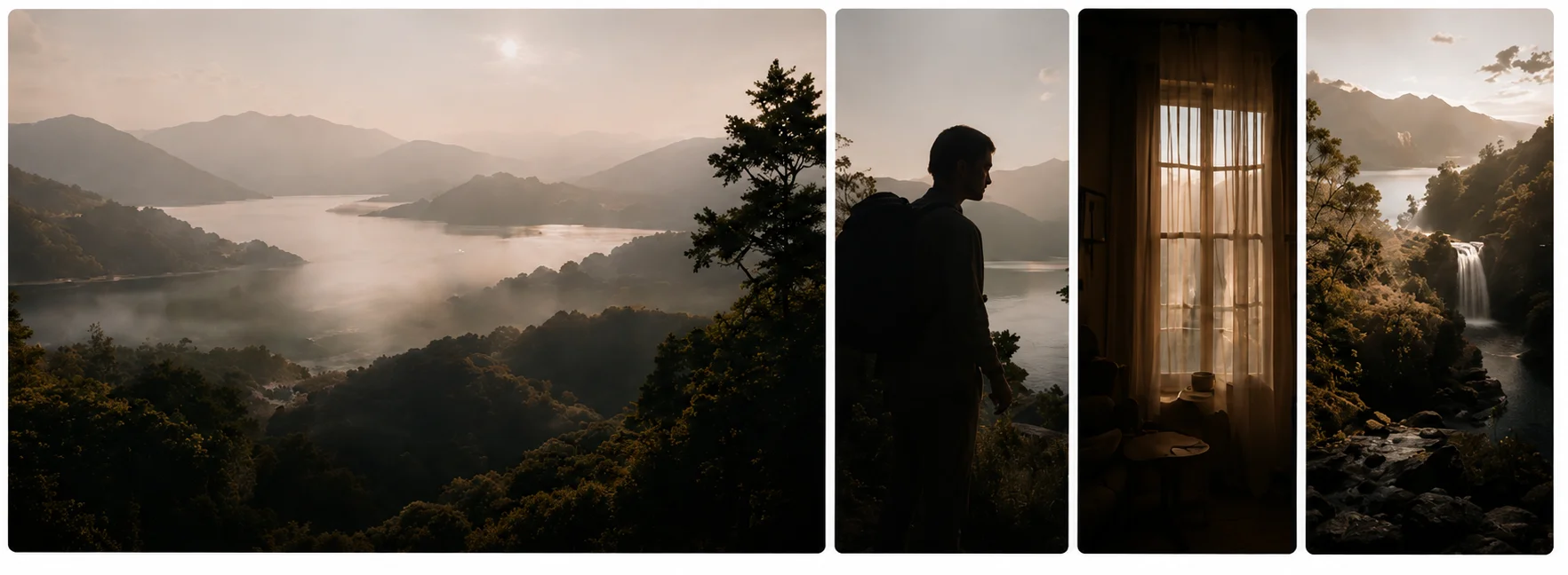 Cinematic film stills collage — misty mountain valley, silhouette figure, sunlit curtained window and forest waterfall by Travira Brand Studio