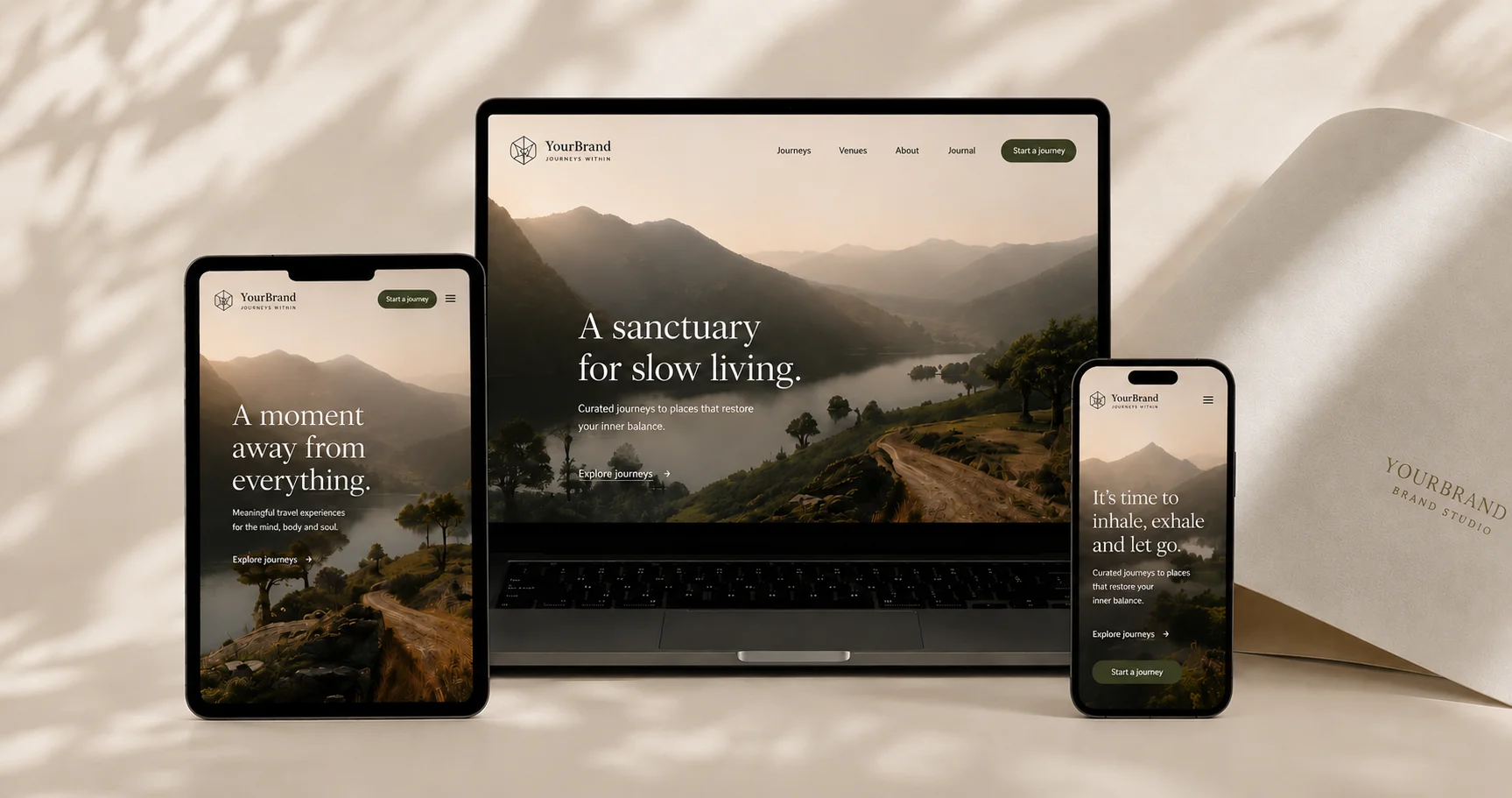 Multi-device website mockup — laptop, tablet and phone showing a Travira retreat brand site designed by Travira Brand Studio