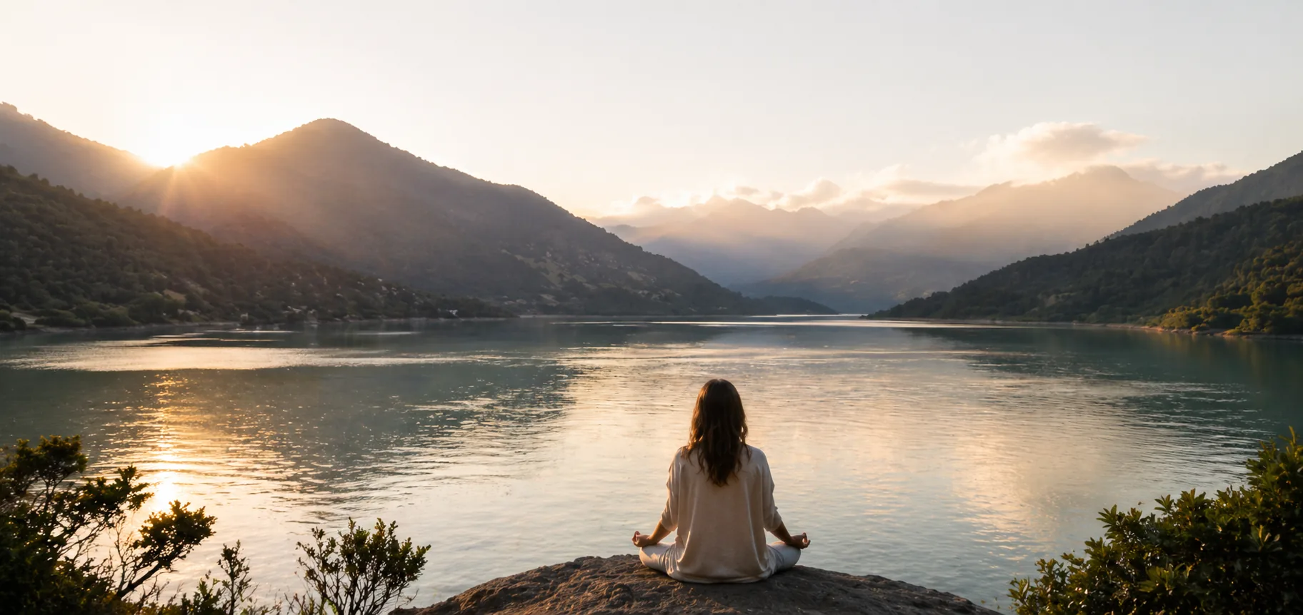 A traveller sitting by a quiet mountain lake at sunrise