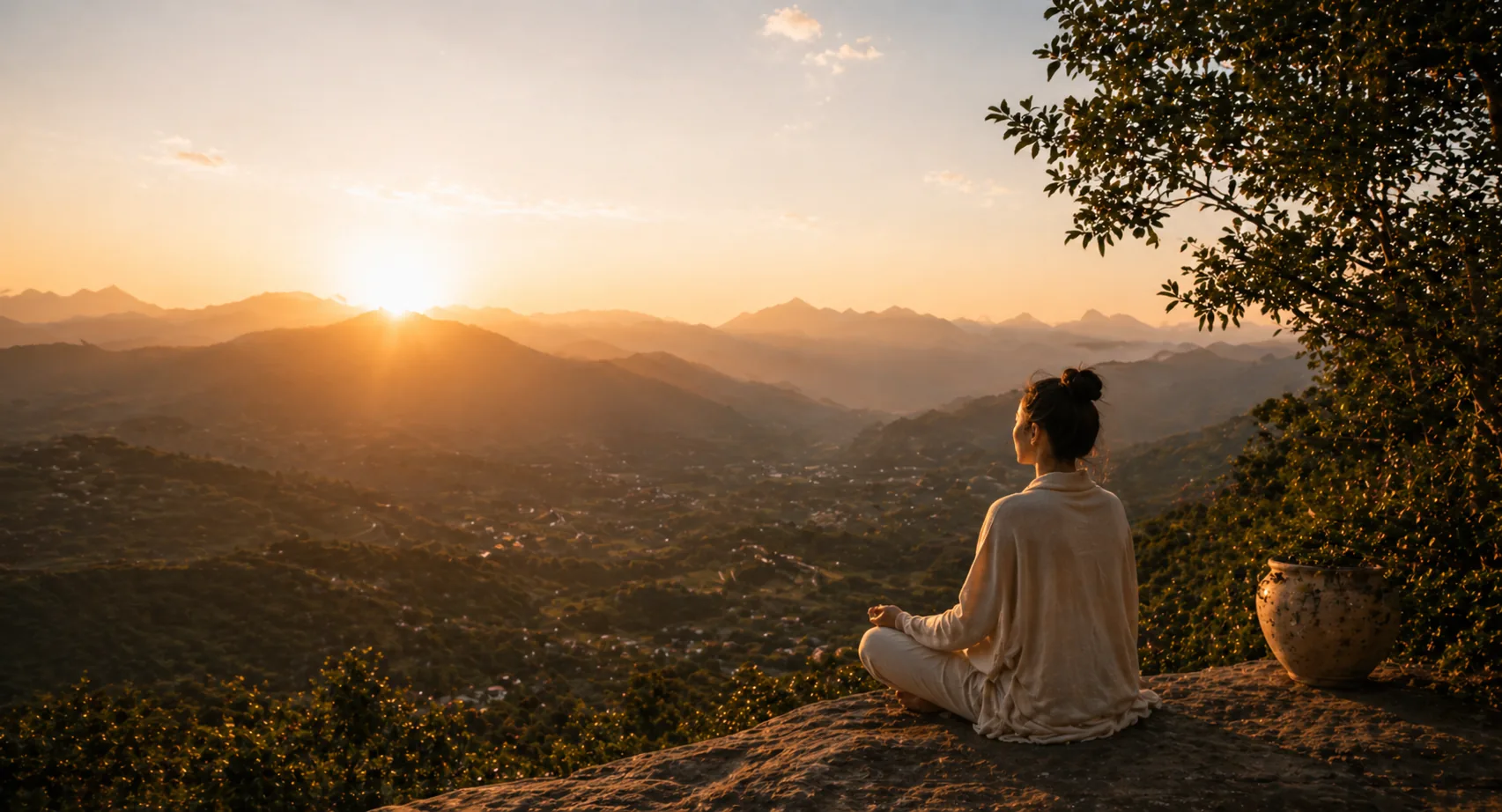 A person watching the sunrise over distant mountains