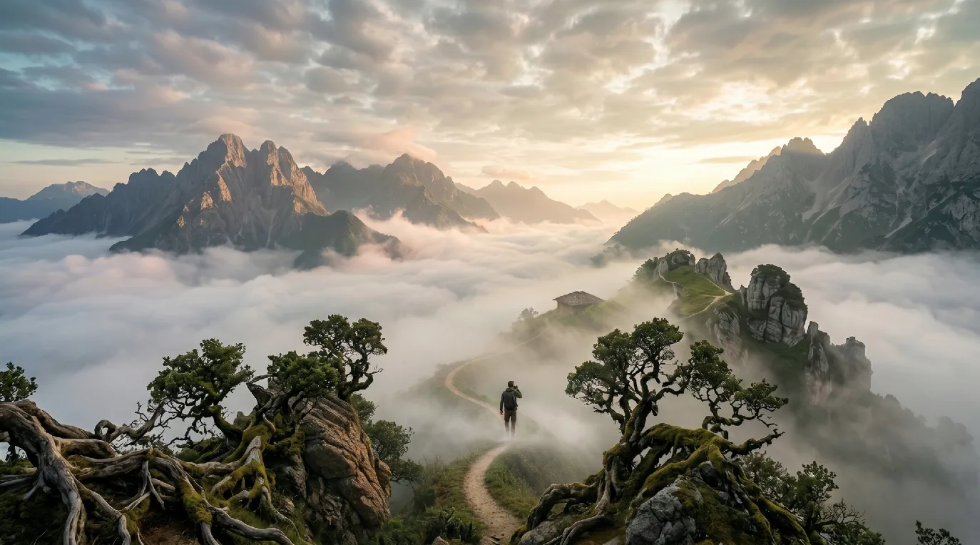 A lone traveller on a misty mountain path, arriving toward a calm horizon